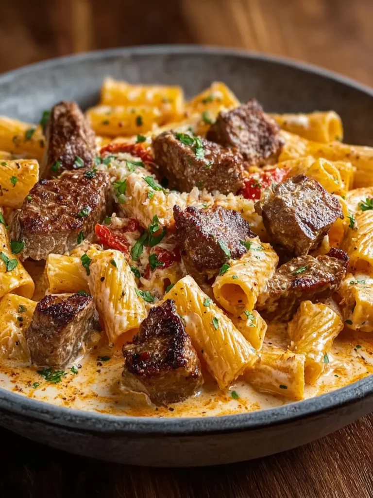 Cajun Steak Tips in Cheesy Rigatoni Parmesan Sauce First Image