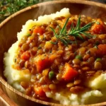 High Protein Lentil Stew Over Mashed Potatoes First Image