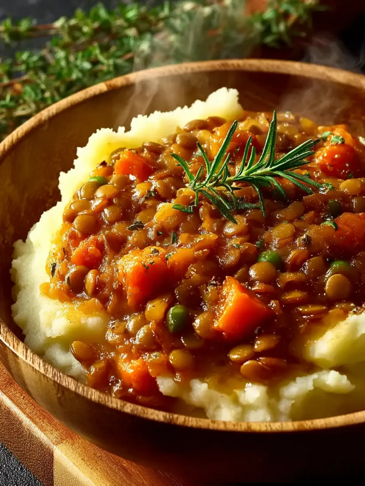 High Protein Lentil Stew Over Mashed Potatoes First Image