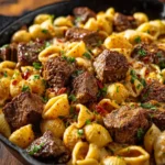 Cajun Steak Bites and Cheesy Garlic Shells Skillet First Image
