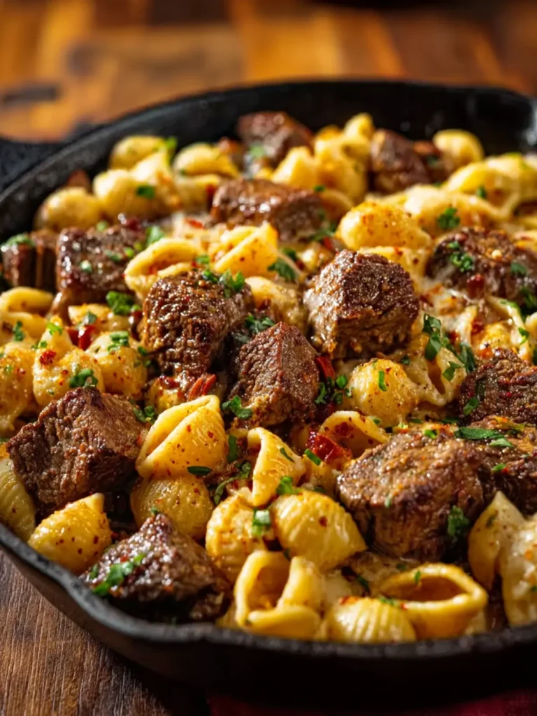 Cajun Steak Bites and Cheesy Garlic Shells Skillet First Image