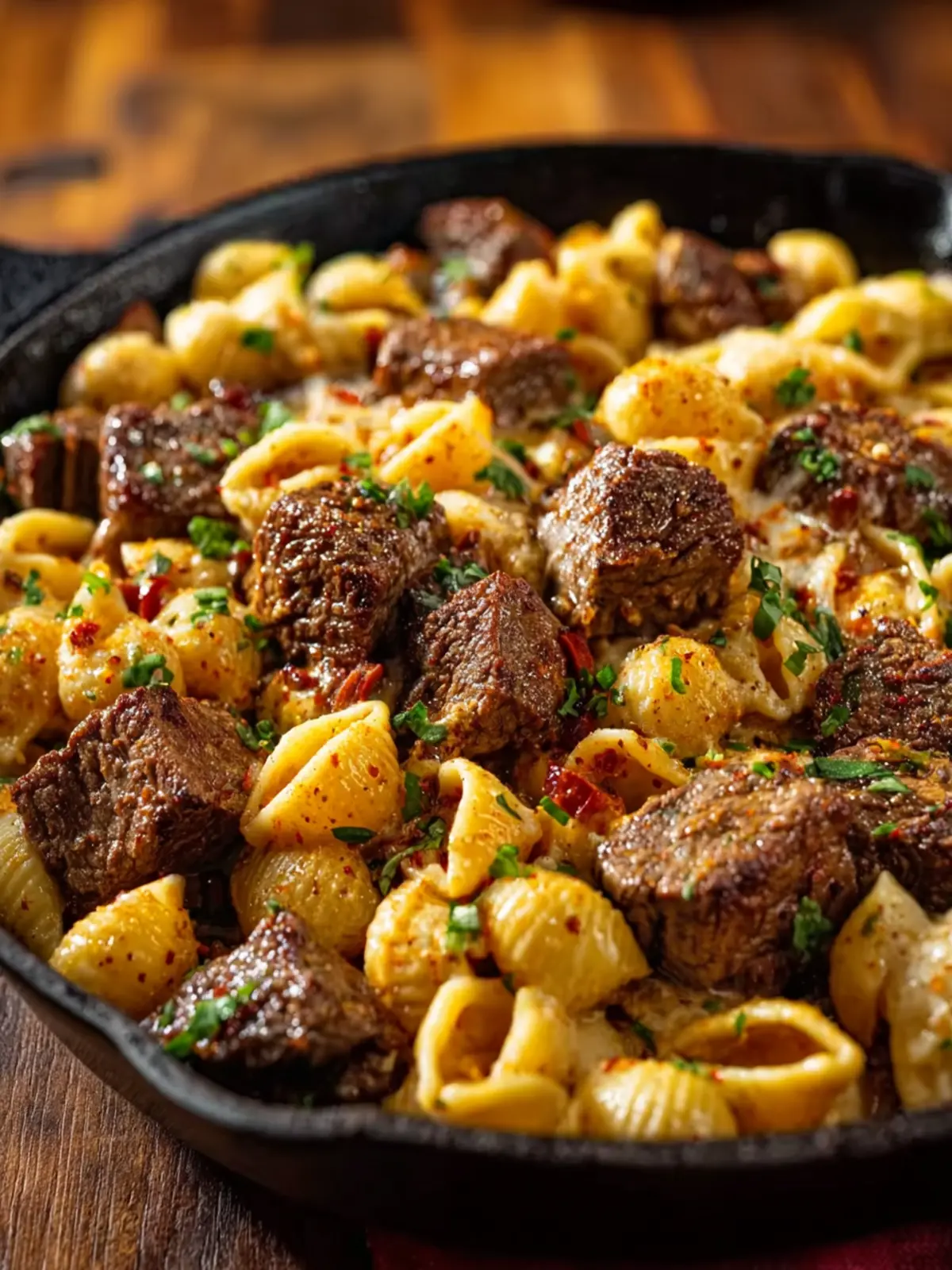 Cajun Steak Bites and Cheesy Garlic Shells Skillet First Image